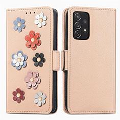 Handytasche Stand Schutzhülle Flip Leder Hülle Blumen S02D für Samsung Galaxy A72 4G Kahki