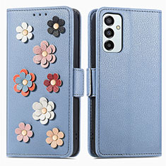 Handytasche Stand Schutzhülle Flip Leder Hülle Blumen S02D für Samsung Galaxy M23 5G Blau