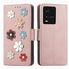 Handytasche Stand Schutzhülle Flip Leder Hülle Blumen S02D für Vivo iQOO 10 5G Rosegold