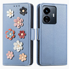 Handytasche Stand Schutzhülle Flip Leder Hülle Blumen S02D für Vivo iQOO Z6 Lite 5G Blau