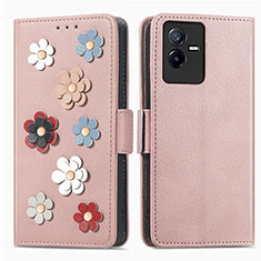 Handytasche Stand Schutzhülle Flip Leder Hülle Blumen S02D für Vivo iQOO Z6x Rosegold