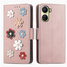 Handytasche Stand Schutzhülle Flip Leder Hülle Blumen S02D für Vivo Y02S Rosegold