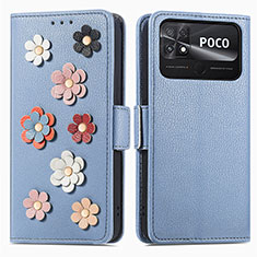 Handytasche Stand Schutzhülle Flip Leder Hülle Blumen S02D für Xiaomi Poco C40 Blau