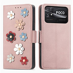Handytasche Stand Schutzhülle Flip Leder Hülle Blumen S02D für Xiaomi Poco C40 Rosegold