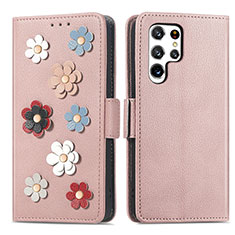 Handytasche Stand Schutzhülle Flip Leder Hülle Blumen S04D für Samsung Galaxy S21 Ultra 5G Rosegold