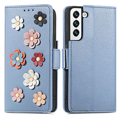 Handytasche Stand Schutzhülle Flip Leder Hülle Blumen S04D für Samsung Galaxy S23 5G Blau