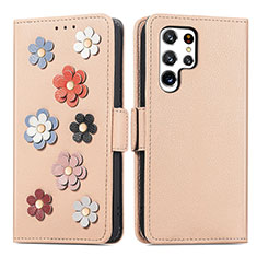 Handytasche Stand Schutzhülle Flip Leder Hülle Blumen S04D für Samsung Galaxy S23 Ultra 5G Gold