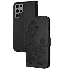 Handytasche Stand Schutzhülle Flip Leder Hülle Blumen Y01X für Samsung Galaxy S22 Ultra 5G Schwarz