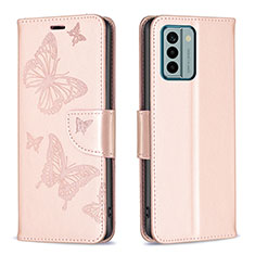 Handytasche Stand Schutzhülle Flip Leder Hülle Schmetterling B01F für Nokia G22 Rosegold