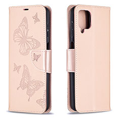 Handytasche Stand Schutzhülle Flip Leder Hülle Schmetterling B01F für Samsung Galaxy A12 5G Rosegold