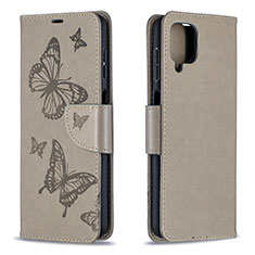 Handytasche Stand Schutzhülle Flip Leder Hülle Schmetterling B01F für Samsung Galaxy F12 Grau