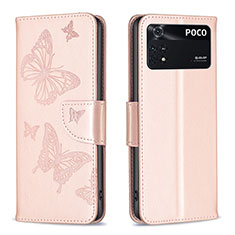 Handytasche Stand Schutzhülle Flip Leder Hülle Schmetterling B01F für Xiaomi Poco M4 Pro 4G Rosegold