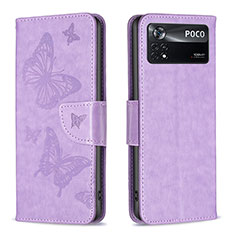 Handytasche Stand Schutzhülle Flip Leder Hülle Schmetterling B01F für Xiaomi Poco X4 Pro 5G Helles Lila