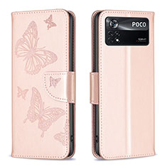 Handytasche Stand Schutzhülle Flip Leder Hülle Schmetterling B01F für Xiaomi Poco X4 Pro 5G Rosegold