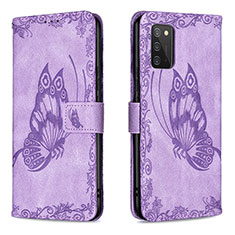 Handytasche Stand Schutzhülle Flip Leder Hülle Schmetterling B02F für Samsung Galaxy A02s Helles Lila