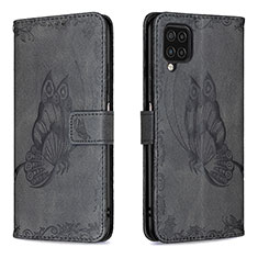 Handytasche Stand Schutzhülle Flip Leder Hülle Schmetterling B02F für Samsung Galaxy A12 5G Schwarz