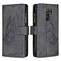 Handytasche Stand Schutzhülle Flip Leder Hülle Schmetterling B03F für Xiaomi Redmi 9 Schwarz