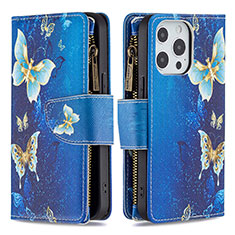 Handytasche Stand Schutzhülle Flip Leder Hülle Schmetterling für Apple iPhone 13 Pro Max Blau