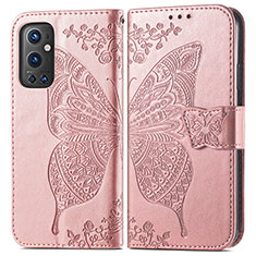 Handytasche Stand Schutzhülle Flip Leder Hülle Schmetterling für OnePlus 9 Pro 5G Rosegold