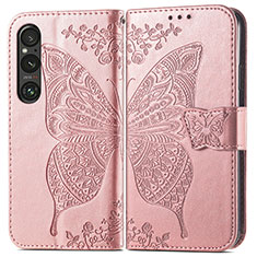 Handytasche Stand Schutzhülle Flip Leder Hülle Schmetterling für Sony Xperia 1 V Rosegold