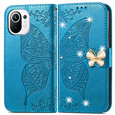 Handytasche Stand Schutzhülle Flip Leder Hülle Schmetterling für Xiaomi Mi 11 Lite 5G Blau