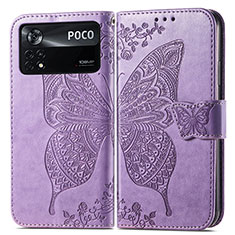 Handytasche Stand Schutzhülle Flip Leder Hülle Schmetterling für Xiaomi Poco X4 Pro 5G Helles Lila