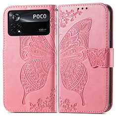 Handytasche Stand Schutzhülle Flip Leder Hülle Schmetterling für Xiaomi Poco X4 Pro 5G Pink