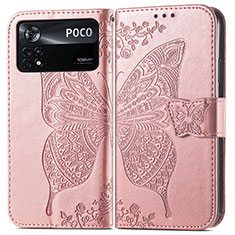 Handytasche Stand Schutzhülle Flip Leder Hülle Schmetterling für Xiaomi Poco X4 Pro 5G Rosa