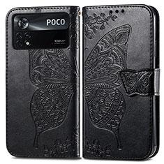 Handytasche Stand Schutzhülle Flip Leder Hülle Schmetterling für Xiaomi Poco X4 Pro 5G Schwarz
