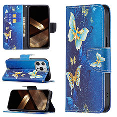 Handytasche Stand Schutzhülle Flip Leder Hülle Schmetterling L07 für Apple iPhone 14 Pro Blau