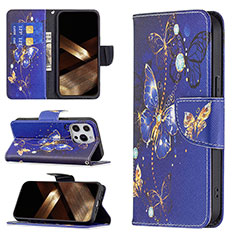 Handytasche Stand Schutzhülle Flip Leder Hülle Schmetterling L07 für Apple iPhone 16 Pro Königs Blau