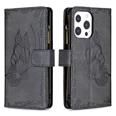 Handytasche Stand Schutzhülle Flip Leder Hülle Schmetterling L08 für Apple iPhone 13 Pro Max Schwarz