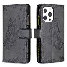 Handytasche Stand Schutzhülle Flip Leder Hülle Schmetterling L08 für Apple iPhone 14 Pro Max Schwarz