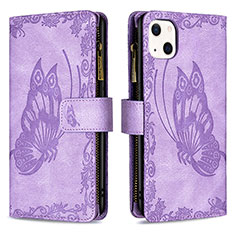 Handytasche Stand Schutzhülle Flip Leder Hülle Schmetterling L08 für Apple iPhone 15 Violett