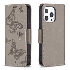 Handytasche Stand Schutzhülle Flip Leder Hülle Schmetterling L09 für Apple iPhone 16 Pro Dunkelgrau