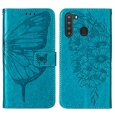 Handytasche Stand Schutzhülle Flip Leder Hülle Schmetterling Y01B für Samsung Galaxy A21 Blau