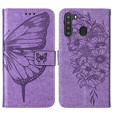 Handytasche Stand Schutzhülle Flip Leder Hülle Schmetterling Y01B für Samsung Galaxy A21 Helles Lila