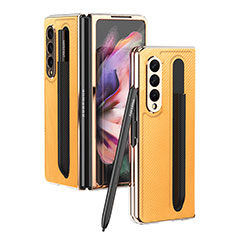 Luxus Leder Hülle Handyhülle und Kunststoff Schutzhülle Hartschalen Tasche C04 für Samsung Galaxy Z Fold3 5G Gelb