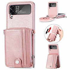 Luxus Leder Hülle Handyhülle und Kunststoff Schutzhülle Hartschalen Tasche H06 für Samsung Galaxy Z Flip4 5G Rosegold
