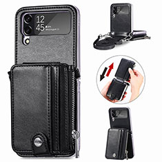 Luxus Leder Hülle Handyhülle und Kunststoff Schutzhülle Hartschalen Tasche H06 für Samsung Galaxy Z Flip4 5G Schwarz