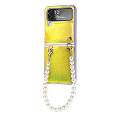 Luxus Leder Hülle Handyhülle und Kunststoff Schutzhülle Hartschalen Tasche H09 für Samsung Galaxy Z Flip4 5G Gelb