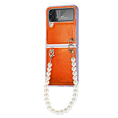 Luxus Leder Hülle Handyhülle und Kunststoff Schutzhülle Hartschalen Tasche H09 für Samsung Galaxy Z Flip4 5G Orange