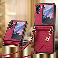 Luxus Leder Hülle Handyhülle und Kunststoff Schutzhülle Hartschalen Tasche LD3 für Oppo Find N2 Flip 5G Rot