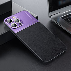 Luxus Leder Hülle Handyhülle und Kunststoff Schutzhülle Hartschalen Tasche QC1 für Apple iPhone 14 Pro Max Violett