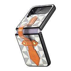 Luxus Leder Hülle Handyhülle und Kunststoff Schutzhülle Hartschalen Tasche R01 für Samsung Galaxy Z Flip4 5G Weiß