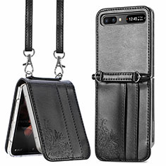 Luxus Leder Hülle Handyhülle und Kunststoff Schutzhülle Hartschalen Tasche S04D für Samsung Galaxy Z Flip5 5G Schwarz