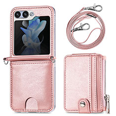 Luxus Leder Hülle Handyhülle und Kunststoff Schutzhülle Hartschalen Tasche S07D für Samsung Galaxy Z Flip5 5G Rosegold