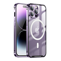 Schutzhülle Luxus Metall Rahmen und Kunststoff Schutzhülle Tasche mit Mag-Safe Magnetic Magnetisch LK1 für Apple iPhone 14 Pro Violett