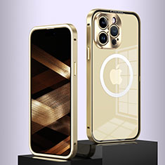 Schutzhülle Luxus Metall Rahmen und Kunststoff Schutzhülle Tasche mit Mag-Safe Magnetic Magnetisch QC5 für Apple iPhone 15 Pro Gold
