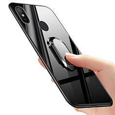 Silikon Hülle Gummi Schutzhülle Spiegel mit Fingerring Ständer für Xiaomi Mi A2 Schwarz
